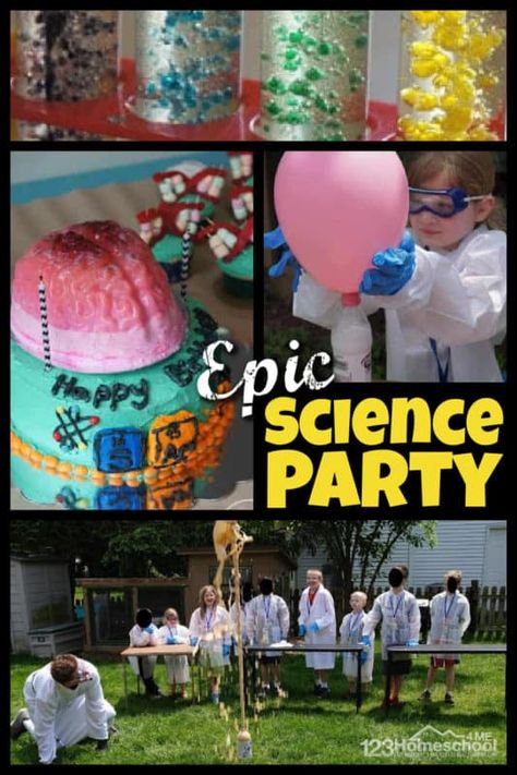 Science Experiments For Birthday Parties, Kids Science Birthday Party Ideas, Party Science Experiments, Stem Birthday Party, Science Birthday Cake, Science Party Games, Science Party Food, Science Party Ideas, Science Themed Birthday Party