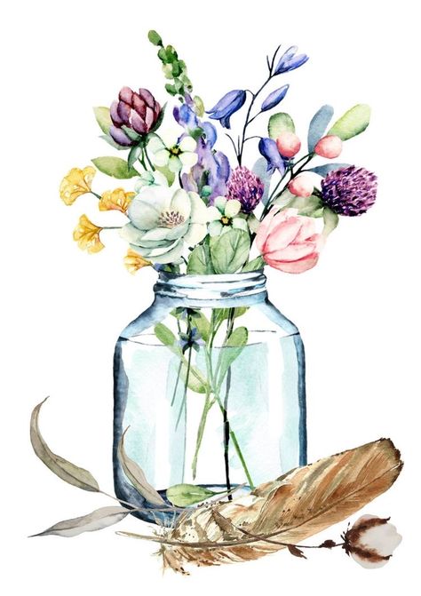 Painting Wildflowers, Mother Card, Painting Glass, Flowers Watercolor, Glass Jar, Mason Jar, Watercolor Painting, Stock Illustration, Vase