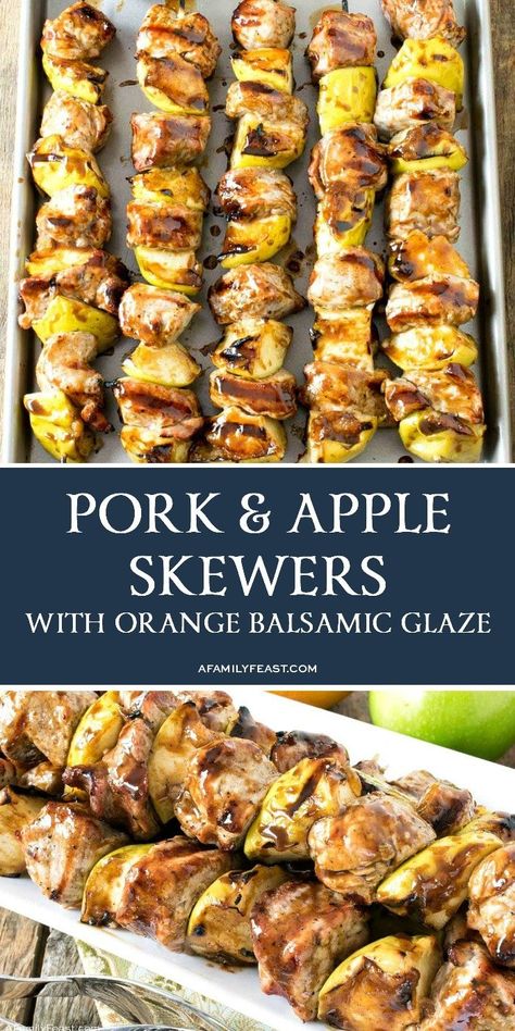 Balsamic Skewers, Apple Skewers, Kabobs Chicken, Pork Kabobs, Grilled Kabob Recipes, Pork Skewers, Kabob Recipes, Skewer Recipes, Family Feast