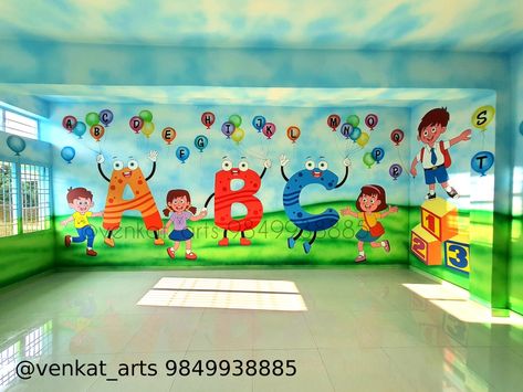 Daycare Decorations Wall, Kindergarten Classroom Wall Painting, Preschool Wall Painting Ideas, Classrooms Designs, Daycare Wall Art, Nursery Class Decoration, Classroom Walls Paint, Kindergarten Decoration, Church Nursery Decor