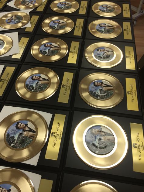 Custom Gold Record Plaques by Brand O' Guitar Company Music Trophies, Gold Record Plaque, Music Awards Trophy, Elvis Record, Music Plaque, Employee Recognition Awards, Star Way, Gold Record, Elvis Presley Memories