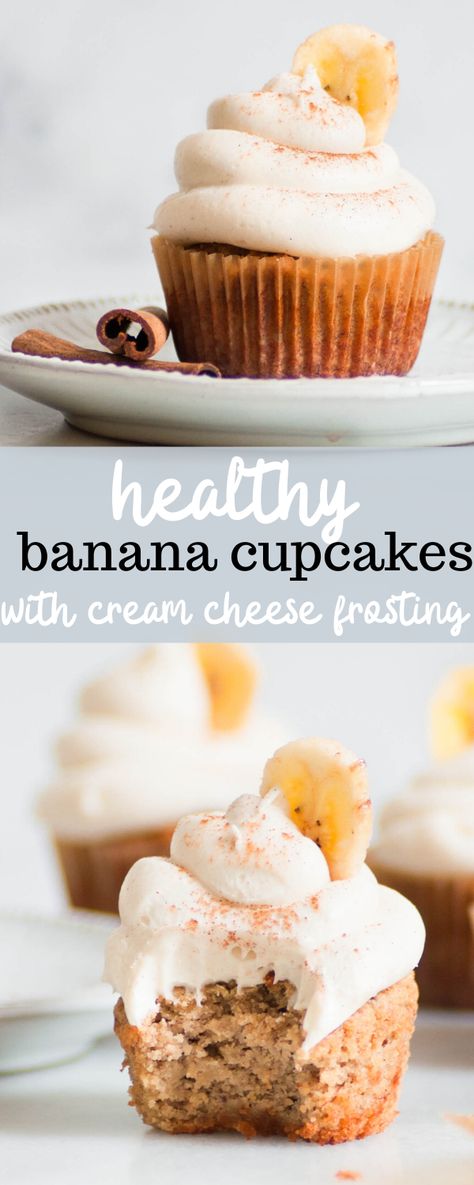 In the mood for a sweet snack that's healthy but still delicious? Try these Healthy Banana Cupcakes with Cream Cheese Frosting! They're perfectly rich and make a great dessert or mid-day snack. Ready in under an hour. Healthy Banana Cupcakes, Health Cupcakes, Healthy Bday Treats, Banana Cupcakes Healthy, Healthy Cupcake Recipes For Kids, Healthier Birthday Desserts, Healthy Birthday Cupcakes, Healthy Bday Cake, Healthy Cupcakes For Kids