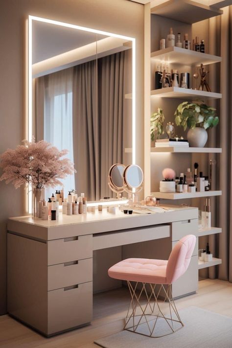 Aesthetic Closets, Dream Makeup Room, Vanilla Room, Dressing Table For Bedroom, Aesthetic Bedrooms, Suite Master, Room 2023, Dream Makeup, Table For Bedroom