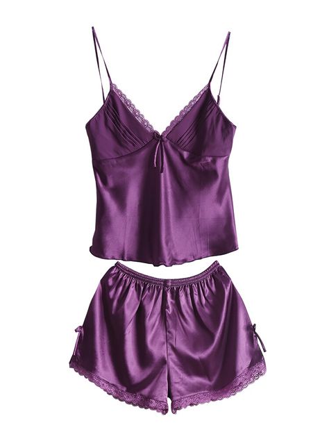 Pajamas Purple, Belt Harness, Shorts Sleepwear, Satin Nightwear, Satin Camisole, Compression Garment, Lace Cami Top, Satin Pyjama Set, Lace Silk