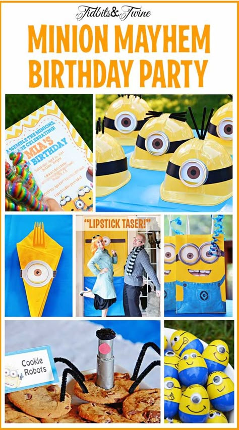 TIDBITS & TWINE: Despicable Me Minion Mayhem Birthday Party.  Ideas for invitations, games, food and more plus links to all resources. Minion Party Theme, Despicable Me Party, Minion Mayhem, Minion Theme, Minion Birthday Party, A Minion, Minion Birthday, Minion Party, 6th Birthday Parties