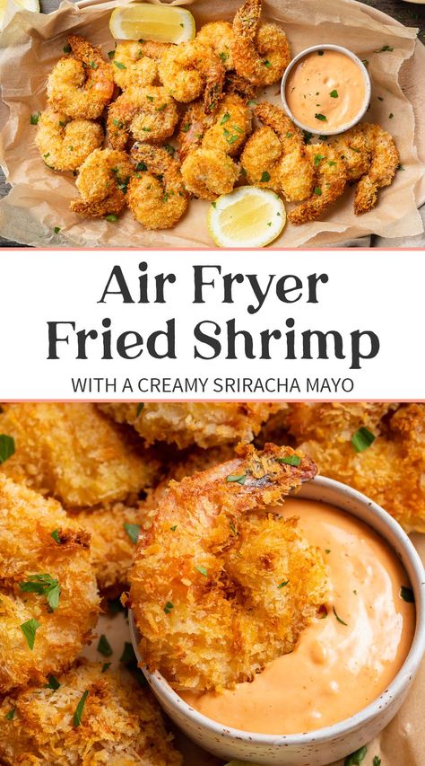 Tender and totally crispy fried shrimp has never been easier or lighter, and it's all thanks to the magic of the air fryer. With an Old Bay seasoned breading, crunchy panko breadcrumbs, and a cool, creamy sriracha mayo, these homemade popcorn shrimp are a deliciously light, airy alternative to traditional fried shrimp. Air Fryer Fried Shrimp, Crispy Fried Shrimp, Air Fryer Shrimp, Fried Shrimp Recipes, Air Fryer Fish, Popcorn Shrimp, Homemade Popcorn, Sriracha Mayo, Air Fried Food