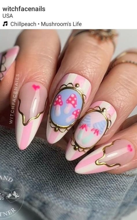 Pastel Mushroom Nails, Hand Painted Press On Nails, Mushroom Nails Designs, Pink Mushroom Nails, Mushroom Nail Designs, Cute Pastel Nails, Nails Mushroom, Landscape Nails, Pastel Goth Nails