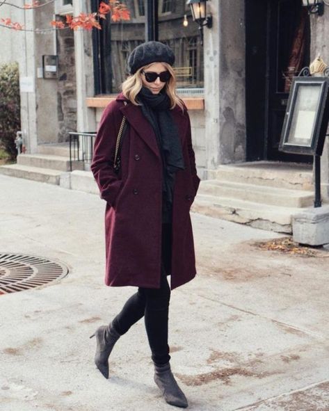 204da255aea2cd4a75ace6018fad6b4ddesc47797248ri Maroon Coat Outfit, How To Wear A Beret, Maroon Coat, Chic Clothing Style, Parisian Chic Style, Purple Coat, Oui Oui, Coat Outfits, Wardrobe Style