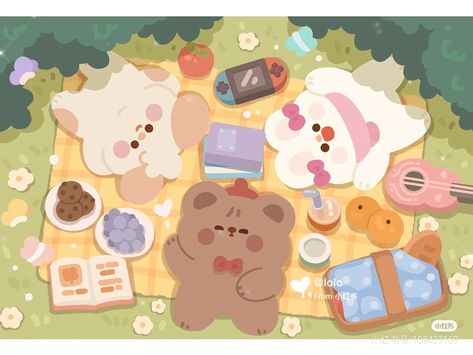 Cute Wallpapers Aesthetic Pastel Laptop, Kawaii Picnic, Picnic Illustration, Bear Character Design, Rilakkuma Wallpaper, Chibi Eyes, Njoy Obs, Art Zine, Cute Doodles Drawings