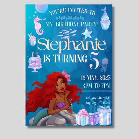 Black Mermaid Party, Black Little Mermaid, Little Mermaid Invitations, Gangster Party, Mermaid Invitation, Princess Invitation, Ariel Birthday, Princess Invitations, Mermaid Invitations