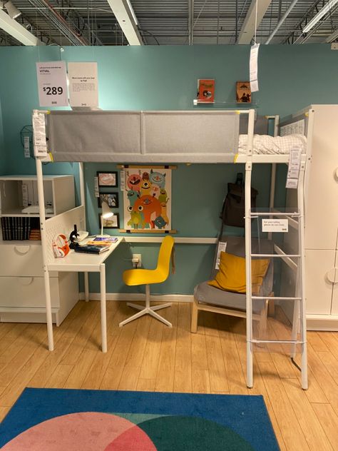 Ikea Loft Bed With Desk, Vitval Ikea Ideas, Vitval Loft Bed Ideas, Eloise Bedroom, Loft Bed Desk, Ikea Loft Bed, Lego Bedroom, Cozy Dorm Room