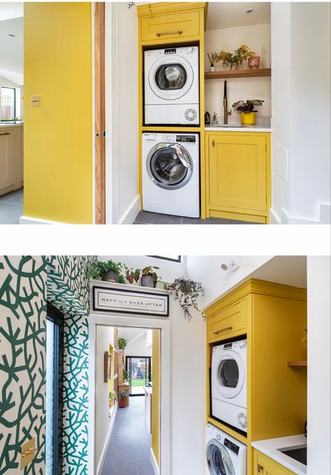 Yellow utility by Herringbone kitchens Coloured Laundry Cabinets, Bright Utility Room Ideas, Kitchen Utility Room Ideas, Bright Utility Room, Yellow And Grey Laundry Room Ideas, Laundry Colour Schemes, Utility And Wc Room Ideas, Utility Room Office, Utility Room Bathroom