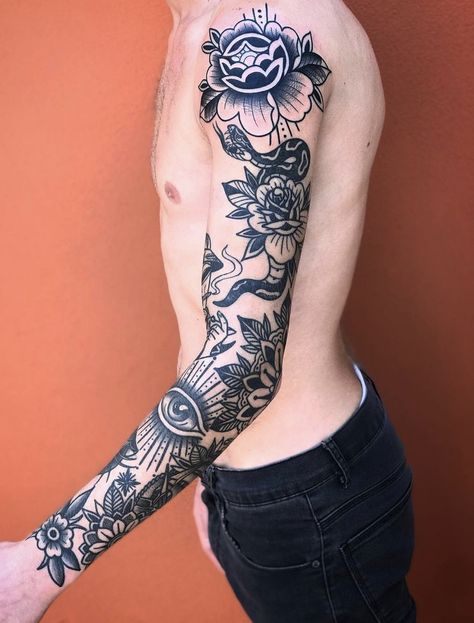 Forearm Sleeve American Traditional, Multi Style Tattoo Sleeve, Justice Traditional Tattoo, Blackwork Sleeve Tattoo Men, Neo Traditional Sleeve Black, Gold And Black Tattoo, American Traditional Tattoo Sleeve Black, Hippocrates Tattoo, Black Traditional Sleeve