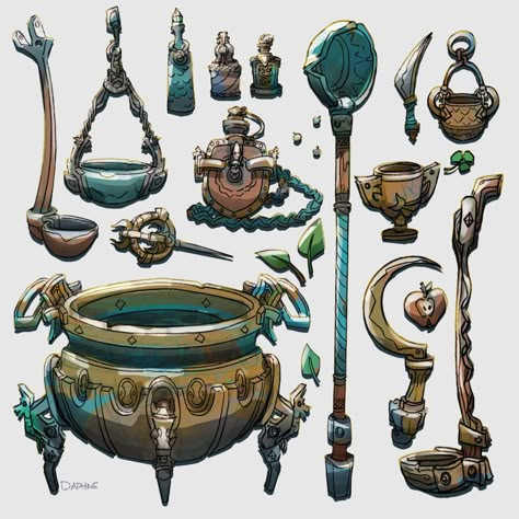 Game Concept Art Prop, Fantasy Props Concept Art, Steampunk Props Concept Art, Fantasy Props Art, Witch Objects, Dnd Inventory, Fantasy Items Art, 3d Karakter, Props Concept