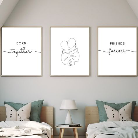 Minimalist Twin Line Art Prints - 'Born Together Friends Forever' Quote - Gender Neutral Nursery Decor Twin Baby Room Ideas, Gender Neutral Twin Nursery, Boy Girl Twin Nursery, Twin Nursery Ideas, Nursery For Twins, Twin Babies Nursery, Boy Girl Twins Nursery, Twin Nursery Gender Neutral, Twin Nursery Art