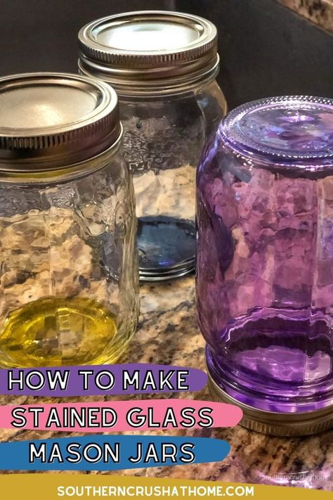 mason jars Staining Mason Jars, Painted Mason Jars Diy, Spray Painting Glass, Tinting Glass, Glass Jars Diy, Tinted Mason Jars, Farmhouse Chic Decor, Painting Glass Jars, Jars For Sale