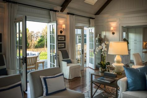 HGTV Dream Home 2015: Great Room | HGTV Dream Home 2015 | HGTV Cape Cod Home Interior, French Doors Design, French Doors Living Room, Cape Cod Architecture, Family Room Design With Fireplace, Cape Cod Interior Design, Cape Cod Decor, Franklin House, Coastal Modern Farmhouse