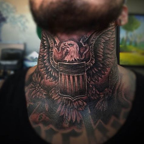 Harley Neck Tattoo, Eagle Tattoo On Neck Men, Eagle Throat Tattoo Men, Eagle Neck Tattoo Men, Patriotic Hand Tattoos, Men’s Throat Tattoos, Eagle Throat Tattoo, Eagle Tattoo Neck, Mens Throat Tattoo