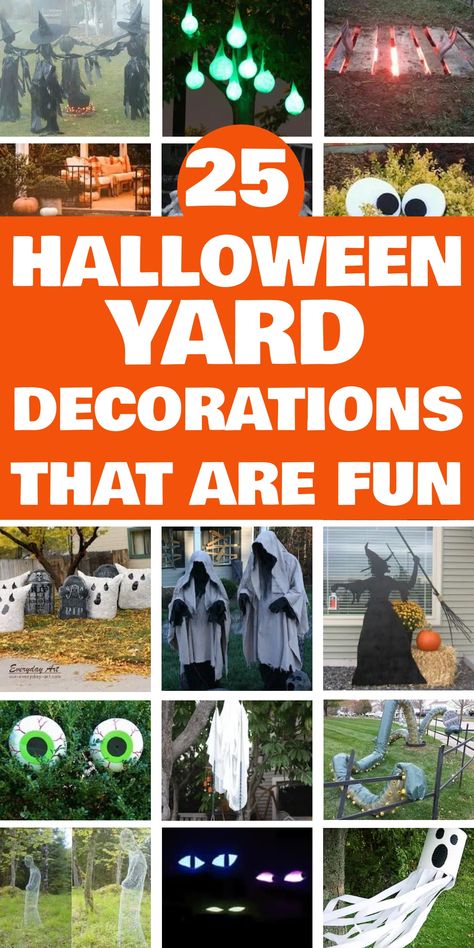 25 fun Halloween yard decorations, including witches, ghost lanterns, and spooky eyes. Cute Outdoor Halloween Decor Front Yards Easy, Creative Outdoor Halloween Decor, Side Yard Halloween Decor, Halloween Diy Outside Decorations, Large Outdoor Halloween Decorations, Halloween Yard Displays Diy, Diy Yard Halloween Decorations, Holloween Decore Idea Outdoor Diy, Diy Outdoor Halloween Decorations Front Yards