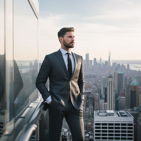 Executive Urban View: A confident man in a tailored suit overlooks the cityscape from a towering high-rise building. #businessman #skyline #cityscape #suit #high-rise #executive #dusk #professional #aiart #aiphoto #stockcake https://ayr.app/l/sRpn Consultant Outfit, Live Background, Business Shoot, Confident Man, Live Backgrounds, Office Men, Golden Rings, Tailored Suit, Work Suits