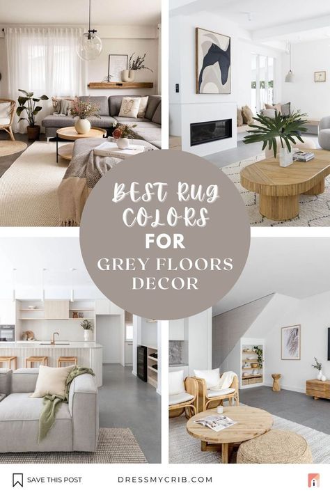 Are you wondering what area rug colors go with gray flooring? Here are our favorite grey flooring rug ideas that can add coziness and warmth to your home. Explore vibrant rug colors, warm and neutral rugs, such as jute rugs, beige rugs, ivory rugs, grey rugs and create a seamless decor. Don't struggle with what rug colors and tones will compliment your grey floors the best, find the best ideas now! Explore a beautiful collection of neutral rugs, vintage rugs, farmhouse rugs and more. Gray Flooring Living Room, Colors Go With Gray, Colors That Compliment Grey, Flooring Living Room, Grey Flooring Living Room, Grey Floor Rug, Grey Floors, Ivory Rugs, Gray Flooring