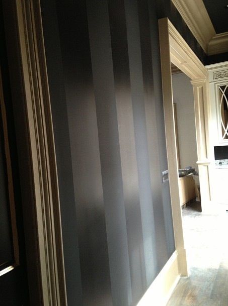 Black stripes.... wow. So much better than b&w stripe. Black Walls Bedroom, Dream House Mansions, House Mansion, Stripe Wall, Pantry Wall, Butlers Pantry, Striped Walls, Glam Decor, Salon Decor