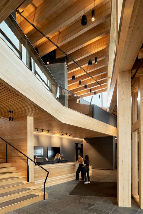 Hip Hotel Tackles Taxing Terrain with Mass Timber - Think Wood Clt Timber Architecture, Timber Office Building, Heavy Timber Architecture, Mass Timber Architecture, Mass Timber Office Building, Mass Timber Building, Mass Timber, Timber Stair, Mountain Architecture