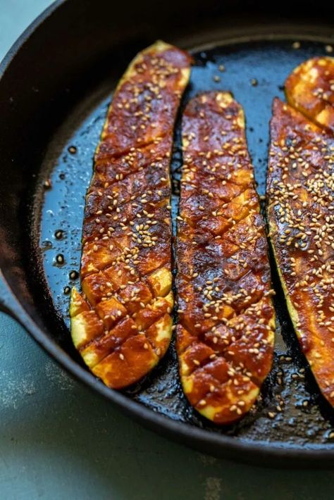 This roasted zucchini with a spicy and sweet gochujang glaze is my new favorite way to cook zucchini. You can serve it with so many things! #zucchini #summer #gochujang Best Roasted Zucchini, Gochujang Broccoli, Zucchini Asian, Gochujang Glaze, Grilled Pork Shoulder, Zucchini In The Oven, Cook Zucchini, Pork Shoulder Recipes, Soba Noodles Salad