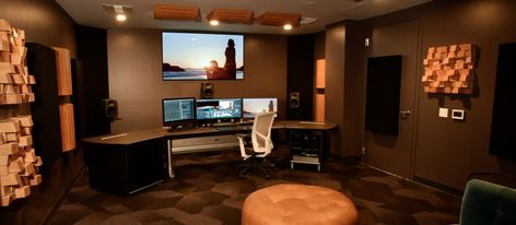 Video Editing Room, Video Editing Studio, Video Editing Suite, Black Leather Couch, Editing Room, Post Production Studio, Editing Studio, Editing Suite, Recording Studio Design