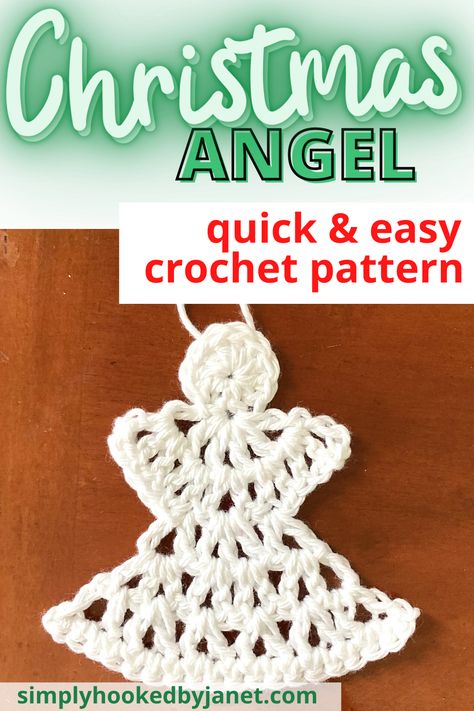 This crochet angel ornament is perfect for Christmas! Need a quick last-minute gift for a family member or co-worker? How about some new holiday decorations for your house? This ornament takes just 10 minutes to crochet. You can also use any weight yarn with a coordinating hook size to make this ornament. A free crochet pattern by Simply Hooked by Janet. | #christmascrochet #crochetangel #crochetornament #freecrochetpattern Crochet Guardian Angels Free Pattern, Crochet Christmas Angel Free Pattern, Crochet Angel Ornament Free Pattern, Crochet Angel Ornament, Angel Crochet Pattern Free, Mexican Crochet, Angels Crochet, Crochet Christmas Ornaments Free Pattern, Crochet Angel Pattern