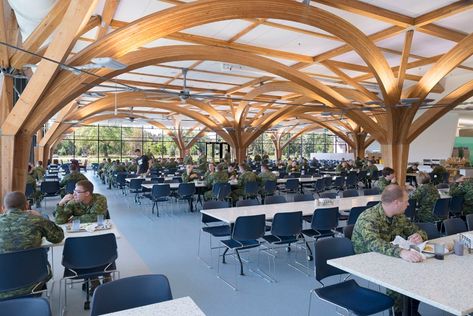 the curtiss kitchen and dining facility in ontario is a reflection of the shifting direction in canada’s military architecture. Chest Woodworking Plans, Floor To Ceiling Curtains, Timber Architecture, Tree Plan, Canadian Military, Parametric Architecture, Timber Structure, Architecture Concept Drawings, Dining Hall