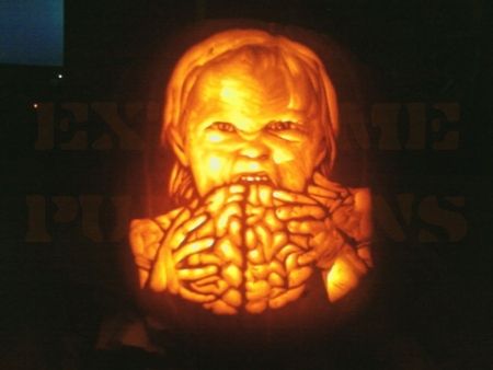 The Brain Eating Child Pumpkin Kids Pumpkin Carving, Zombie Pumpkin, Zombie Pumpkins, Fruit Sculptures, Pumpkin Carving Contest, Amazing Pumpkin Carving, Carved Pumpkins, Carving Pumpkins, Pumpkin Carving Ideas