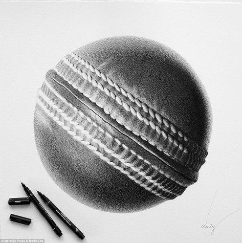 So Real : all of Catherine's drawings look so realistic just like this cricket ball (pictu... Cj Hendry, Biro Art, Landscape Pencil Drawings, Cricket Ball, Hunter Art, Ball Drawing, Realistic Pencil Drawings, Apple Logo Wallpaper Iphone, Apple Logo Wallpaper