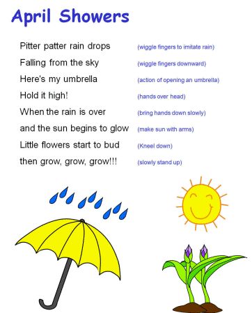 April showers song (& then bring an umbrella for the kid's activity) [simply an idea] April Lesson Plans, Kindergarten Poems, April Preschool, Preschool Poems, Spring Poem, Spring Lessons, Circle Time Songs, Classroom Songs, Songs For Toddlers