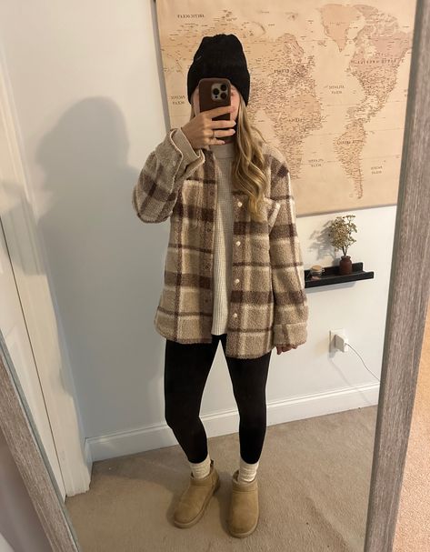 Sherpa Shirt Jacket curated on LTK Sherpa Flannel Outfit, Sherpa Shirt Jacket Outfit, Plaid Sherpa Jacket Outfit, Sherpa Cardigan Outfit, Brown Sherpa Jacket Outfit, Shaket Jacket Outfit, Flannel Jacket Outfit, Beanie Outfits, Shirt Jacket Outfit