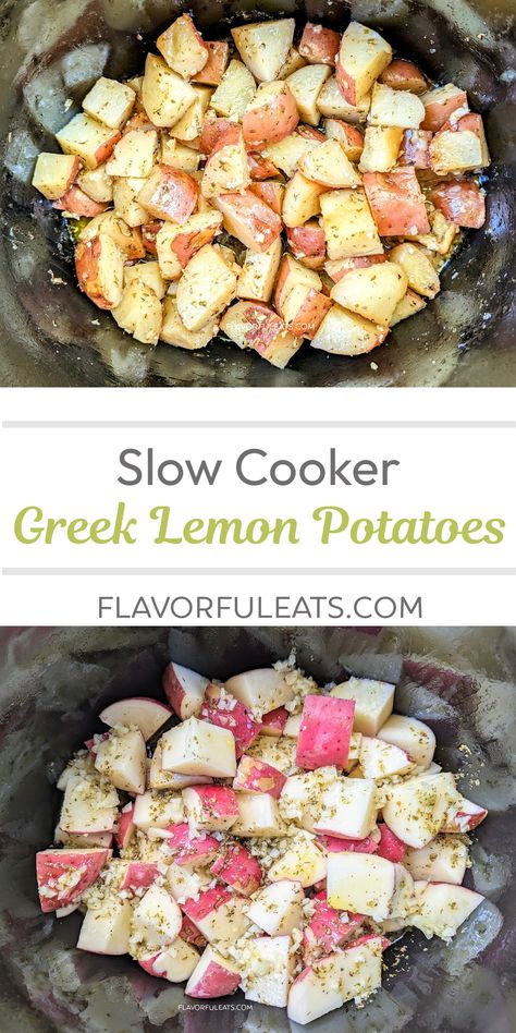 Lemony, garlicky, and so full of flavor, you’re going to love this Slow Cooker Greek Lemon Potatoes recipe! Simply toss everything in the slow cooker and a delicious, easy side dish is done! Greek Potatoes Crock Pot, Crockpot Greek Potatoes, Slow Cooker Greek Potatoes, Slow Cooker Greek Lemon Chicken Soup, Slow Cooker Greek Lemon Potatoes, Slow Cooker Sides, Greek Lemon Potatoes Instant Pot, Lemon Chicken And Potatoes Crockpot, Slow Cooker Greek Lemon Chicken