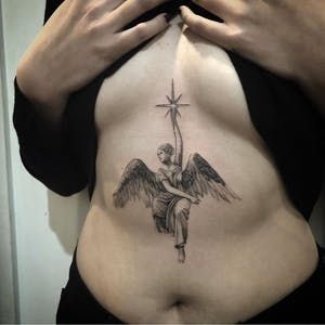 Angel Tattoo Chest For Women, Winged Woman Tattoo, Woman Sternum Tattoo, Middle Of The Chest Tattoo Women, Stomach Tattoo Women, Upper Stomach Tattoos Women, Succubus Tattoo, Angel Back Tattoo, Fallen Angel Tattoo