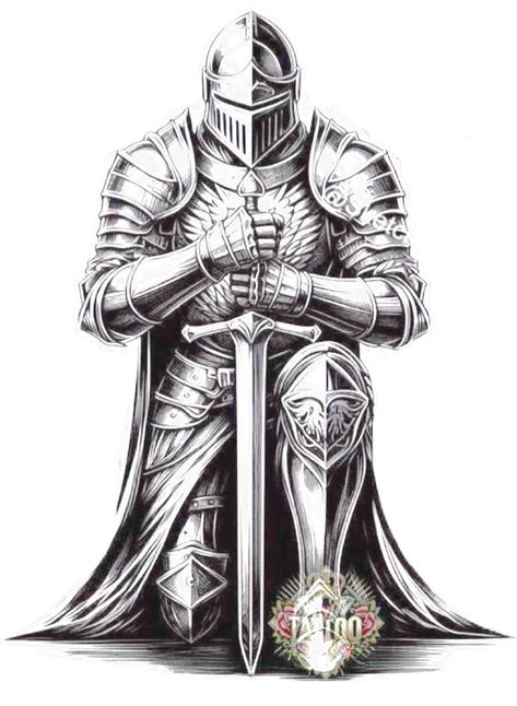 Knight Kneeling Tattoo, Kneeling Knight Tattoo, Knight On Horse Tattoo, Templar Knight Tattoo, Knight Sketch, Armor Of God Tattoo, Hulk Tattoo, Temple Knights, Shield Tattoo