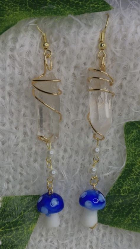 Wrapped Crystals, Blue Mushroom, Mushroom Earrings, Jewelry Wire, Wire Wrapped Earrings, Quartz Earrings, Wrapped Pendant, Wire Wrapped Pendant, Wire Wrap