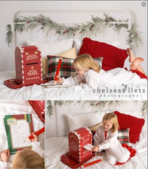 Christmas Headboard Photography, Christmas Mini Session Ideas Indoor Bed, Christmas Bed Set Up Photography, Christmas In Bed Photoshoot, Christmas Bed Pictures Kids, Christmas Photos In Bed, Letters To Santa Photoshoot, Christmas Bed Photoshoot Kids, Holiday Mini Session Ideas Indoor