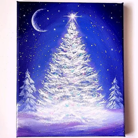 White Christmas Tree Acrylic Painting | White Christmas Tree Acrylic Painting Color used : Ultramarine, Brilliant purple, Violet, Fluorescent pink, White, Yellow, Pearl aqua green #art... | By El Drawing Arts | Facebook Christmas Tree Acrylic Painting, Painting Themes, Tree Acrylic Painting, American Flag Painting, Winter Paintings, Tet Holiday, Drawing Arts, Christmas Paintings On Canvas, Flag Painting