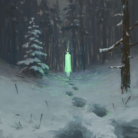 Snowy Landscape Concept Art, Snowy Forest Concept Art, Snowy Forest Fantasy Art, Fire In The Snow, Snowy Concept Art, Creepy Snowy Forest, Snow Forest Art, Snowy Forest Art, Faewild Forest