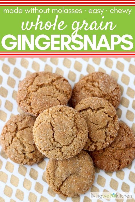 These chewy gingersnap cookies are gull of delicious ginger flavor but made without molasses. Easy whole grain cookies that are best for Christmas time and the holidays. #gingersnaps #chewygingersnaps #livingwellkitchen Chewy Gingersnap Cookies, New Year Desserts, Gingersnap Cookies Chewy, Cinnamon Christmas Cookies, Soft Ginger Cookies, Easy Dessert Recipes Christmas, Gingersnap Cookies, New Year's Desserts, Christmas Desserts Easy