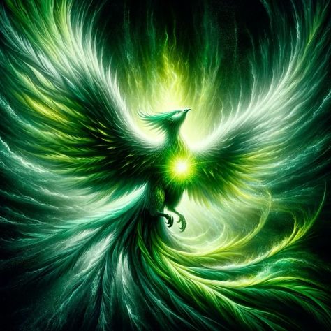 Green Mythical Creatures, Green Wings Aesthetic, Green Energy Poster, Energy Poster, Green Chakra, Phoenix Artwork, Magical Animals, Phoenix Images, Mythical Birds