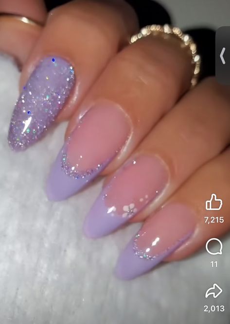 Purple Nail Tip Designs, Speak Now Nail Ideas, Purple And Clear Nails, Euphoria Themed Nails, Sparkly Nail Designs Glitter, Prom Nails For Purple Dress, Bday Nail Ideas, Nails For Sweet 16, Nails For 15 Birthday