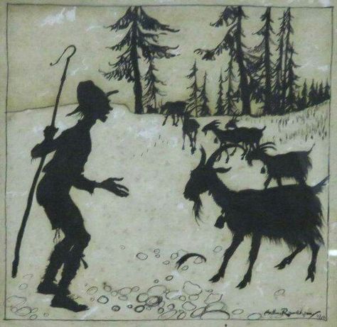 Illustration for Aesop's Fables, The Goatherd and the Goats...Fable also known as The Goatherd and the Wild Goats... Fable Illustration, Fables Comic Art, Mountain Goat Drawing, Aesops Fables Illustrations, Mountain Goat Art, Aesops Fables, Silhouette Cards, Folk Tales, Classic Literature