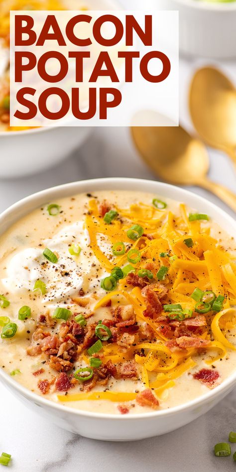 Cheesy Bacon Potato Soup, Potato Bacon Soup Recipe, Best Potato Soup Recipe, Creamy Potato Bacon Soup, Bacon Potato Soup, Creamy Potato Soup Recipe, Bacon Soup Recipes, Homemade Potato Soup, Dinner Noodles