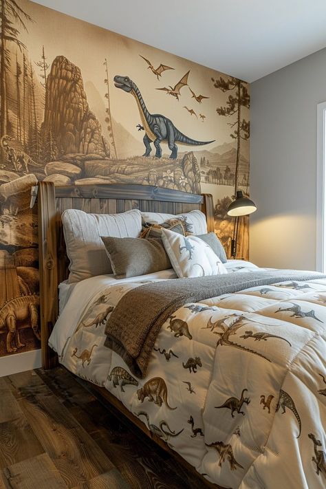 Small Home Library Ideas, Boys Dinosaur Bedroom, Boy Bedroom Ideas, Boys Room Mural, Dinosaur Kids Room, Dark And Moody Bedroom, Ancient Creatures, Functional Bedroom, Dinosaur Bedding