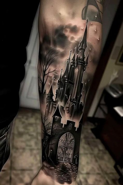 Tattoo idea: tattoo sketch The silhouette of a castle rises against Edward Scissorhands Castle Tattoo, Gothic Black And Grey Tattoos, Maleficent Castle Tattoo, Dark Castle Tattoo Design, Gothic Forearm Tattoos Men, Haunted Castle Tattoo, Dracula Castle Tattoo, Dark Castle Tattoo, Dark Fantasy Tattoo Ideas