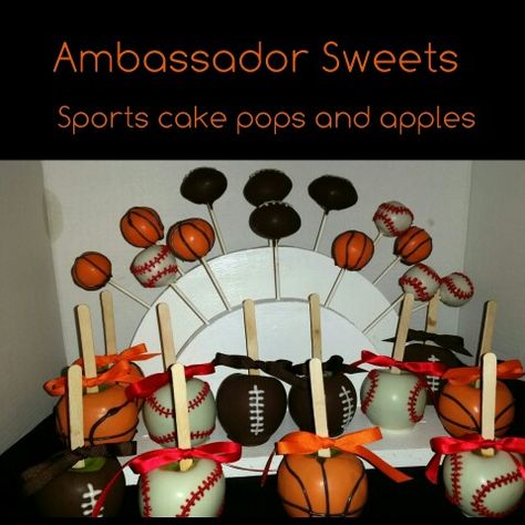 Sports theme cake pops and candy apples. Basketball Candy Apples, Birthday Candy Apples, Candy Apple Recipe, Apple Recipe, Sports Birthday Party, Sport Cakes, 2nd Birthday Party Themes, Birthday Candy, Sports Birthday